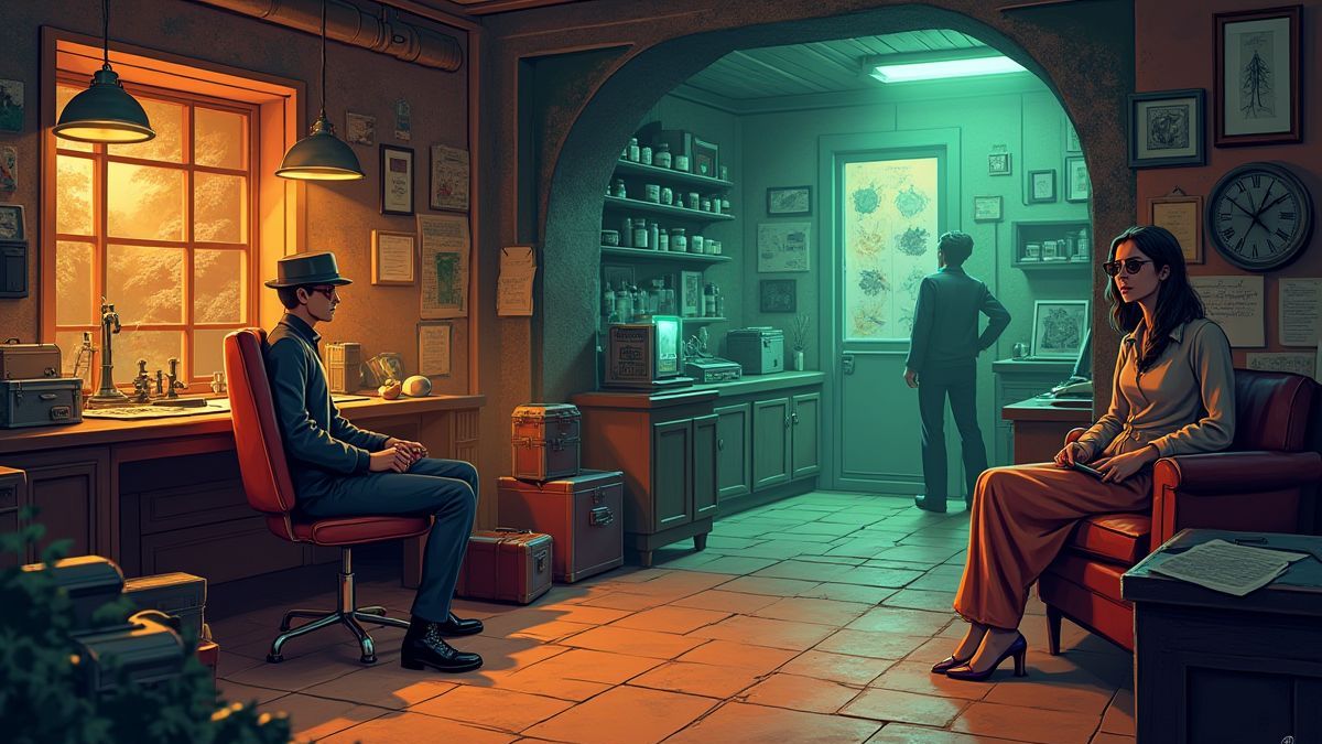 Retro Spionageszene mit Gadgets und geheimem Labor.