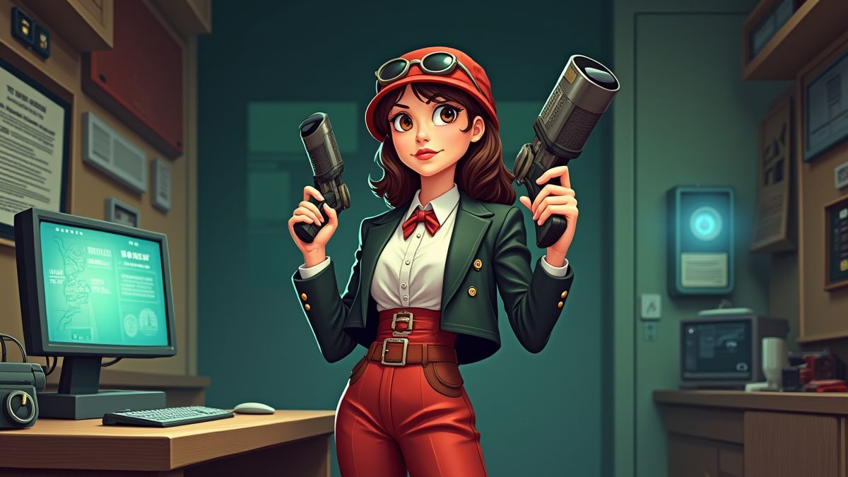 Vrouwelijke spion met gadgets in een retro-futuristische controlekamer.