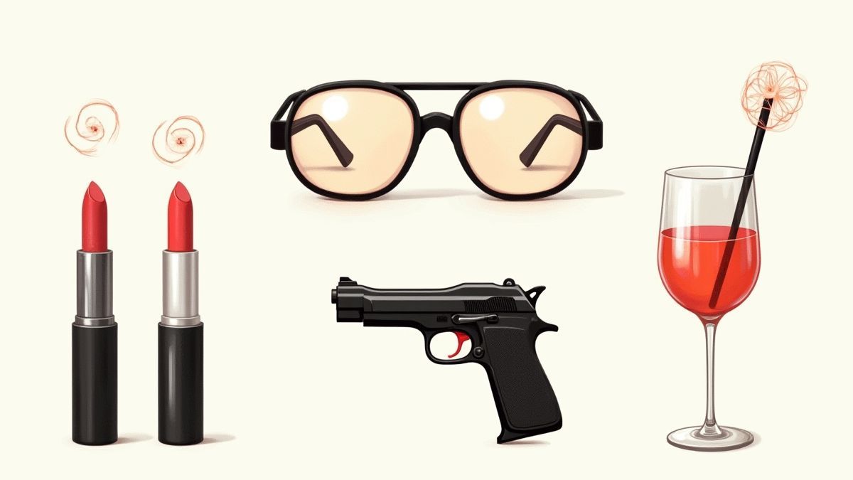 Een set spion gadgets, inclusief röntgenbrillen en lippenstiftpistool.