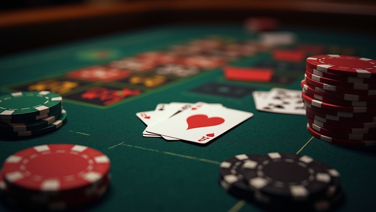 Casino tafel met kaarten en fiches verspreid.