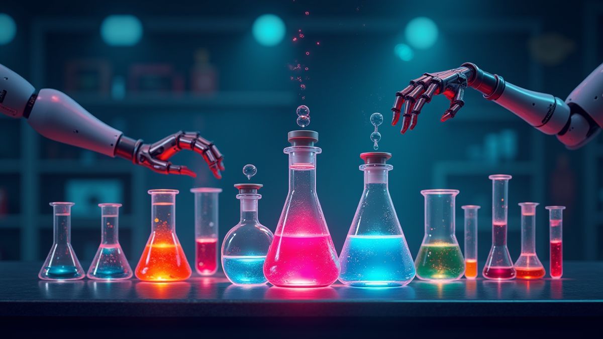 Futuristisch laboratorium met glanzende buizen en robotarmen.