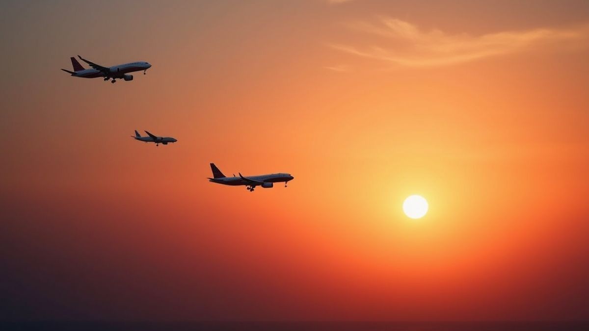 Sonnenuntergang mit Flugzeugen, die in Formation fliegen.