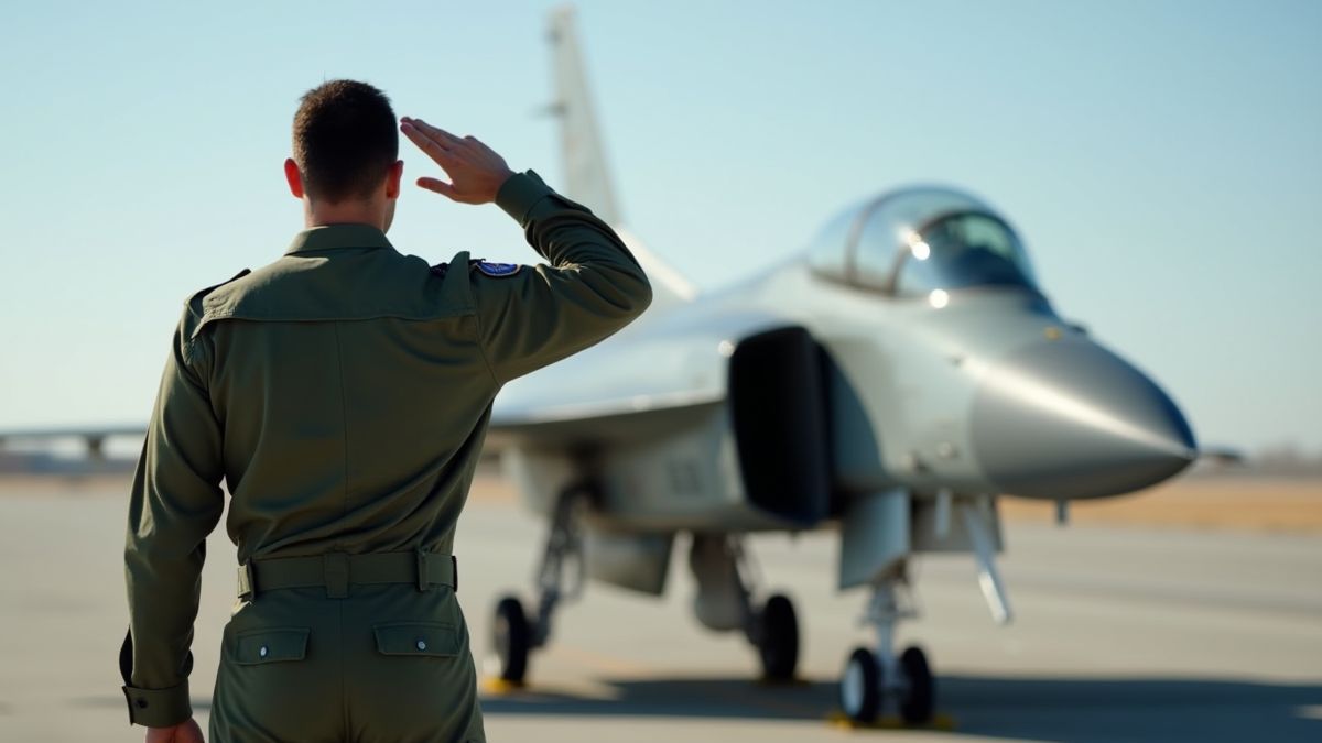 Militärpilot salutiert vor einem Jet.