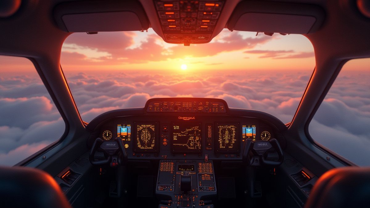 Retro-Flugzeugcockpit mit Blick auf den Sonnenuntergang über den Wolken.