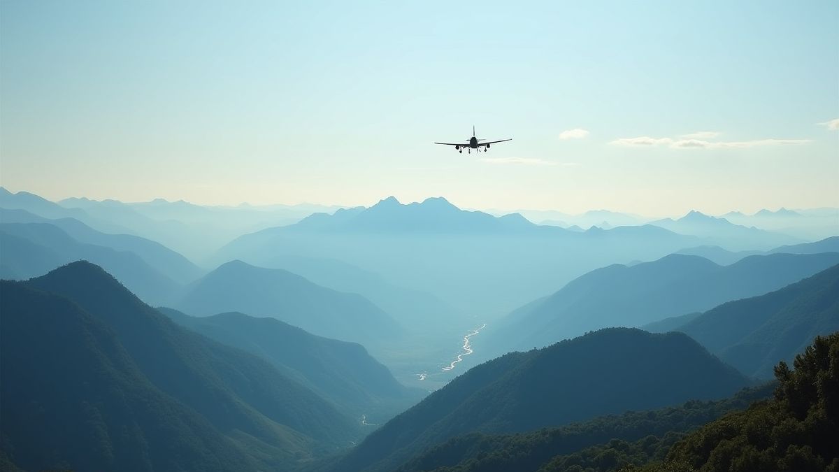 Ruhige Landschaft mit einem Flugzeug, das über Berge und Täler fliegt.