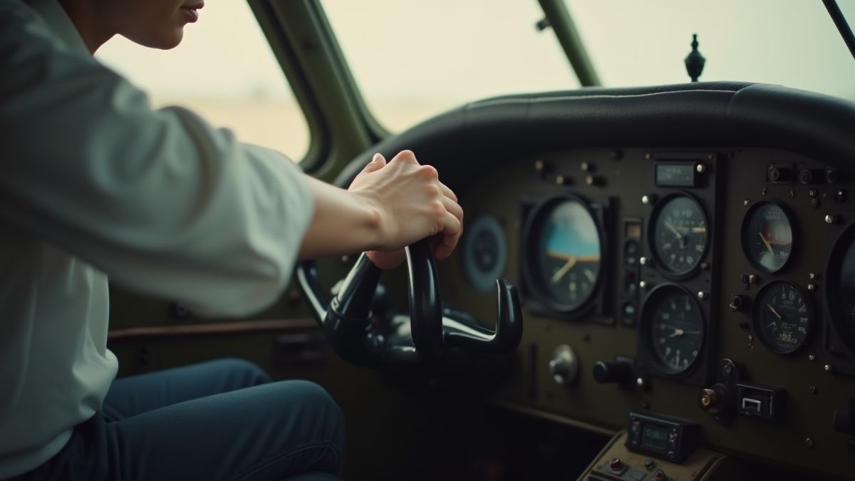 Hand eines Piloten, die Steuerungen in einem Vintage-Flugzeugcockpit anpasst.