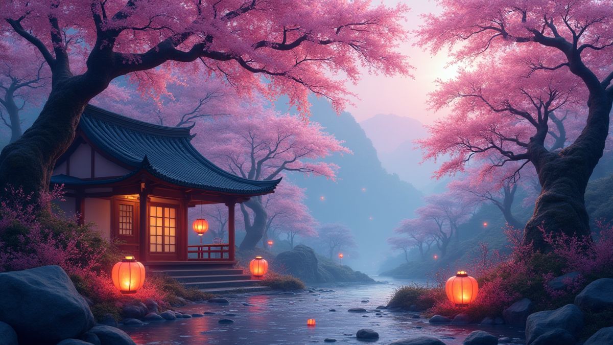 Paisaje japonés místico con cerezos en flor y farolillos brillantes.