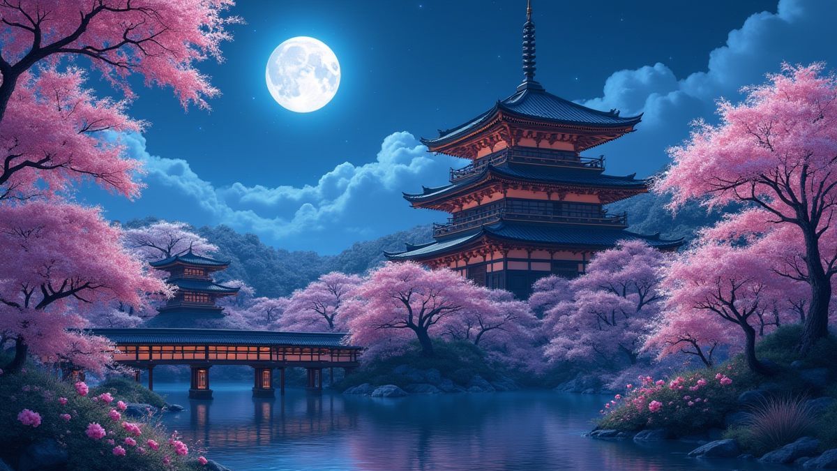 Templo japonés rodeado de cerezos en flor bajo un cielo iluminado por la luna.