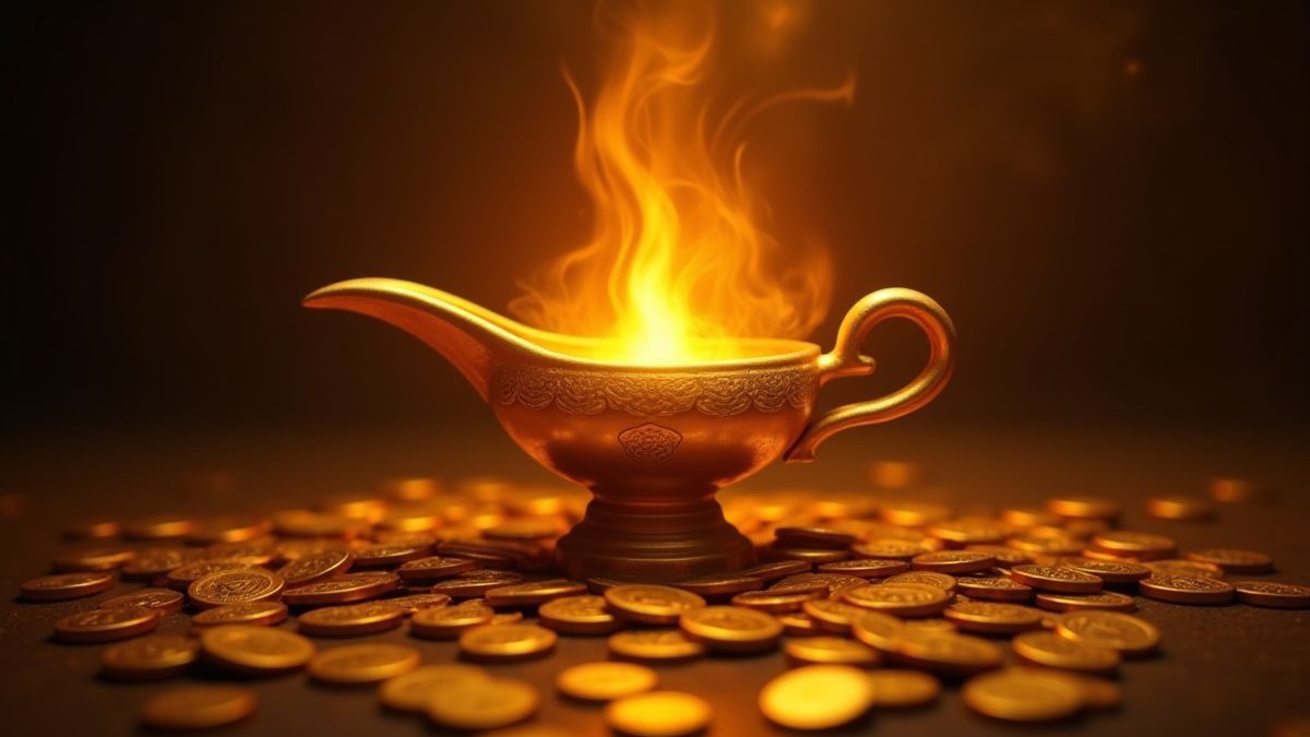 Eine magische Lampe umgeben von goldenen Münzen.