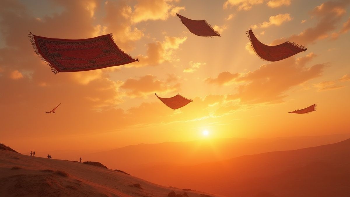 Fliegende Teppiche vor einem Sonnenuntergangshimmel.