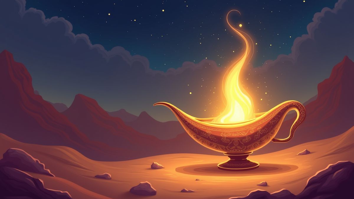 Genie coming out of a magic lamp in the desert.