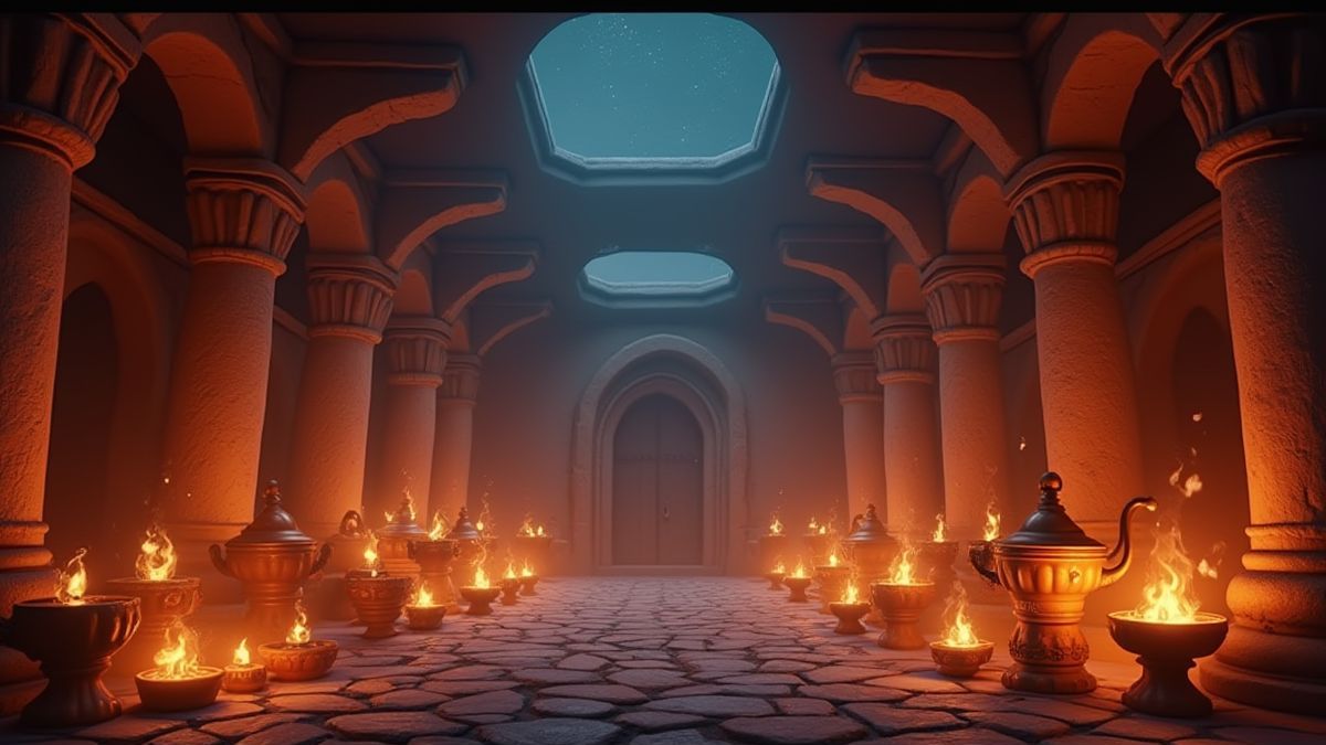 Treasure room with glowing magic lamps.