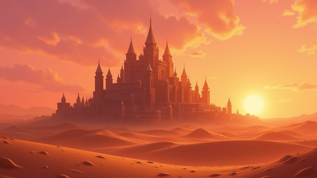 Arabian palace at sunset surrounded by dunes.