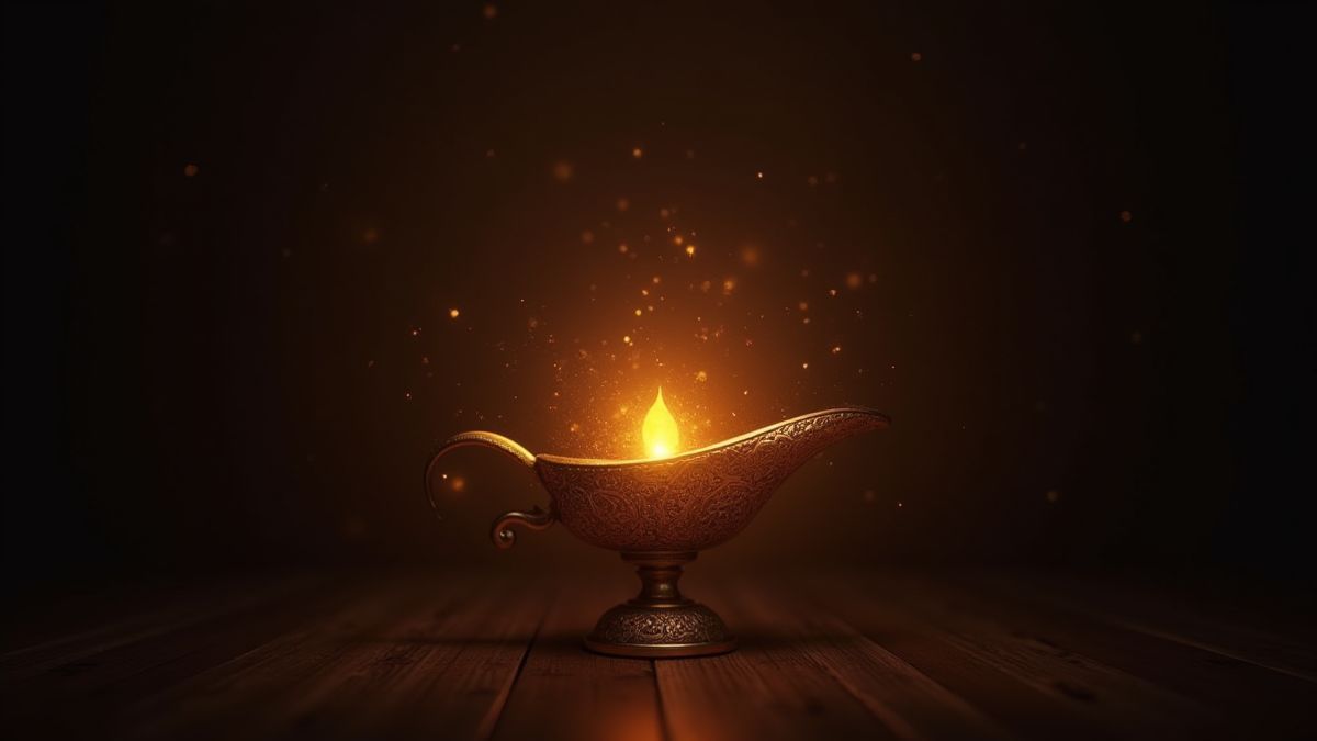 Arabian magic lamp in a dark room with golden sparkles.