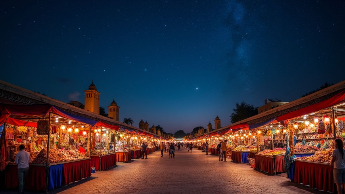 Arabian bazaar under a starry sky filled with colorful stalls.