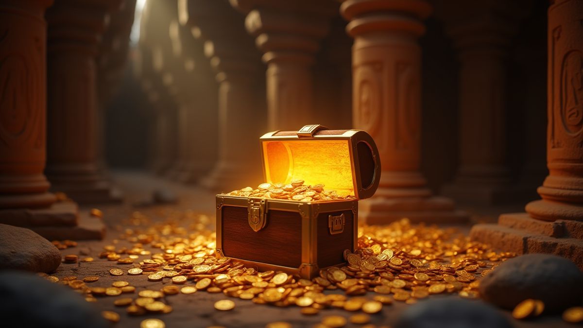 Shining treasure chest surrounded by gold coins in an ancient palace.