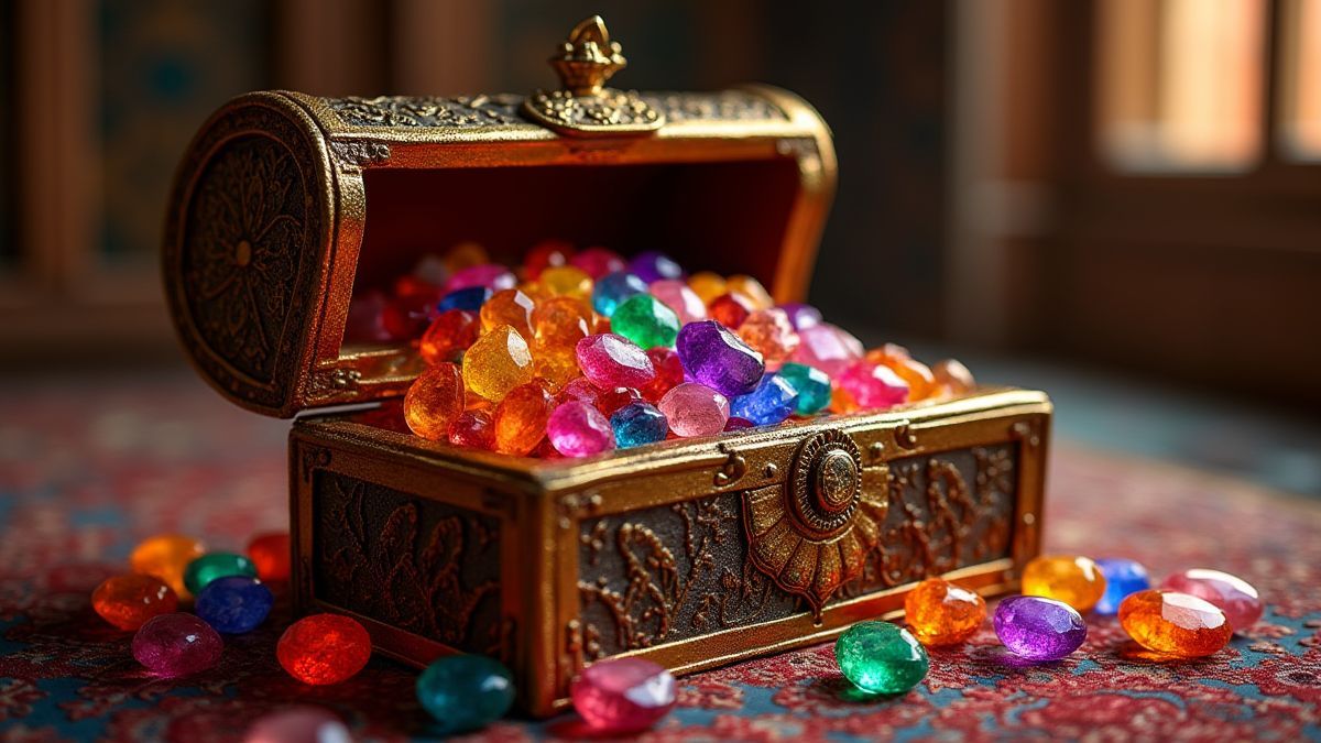 Um cofre cheio de gemas brilhantes em uma sala árabe.