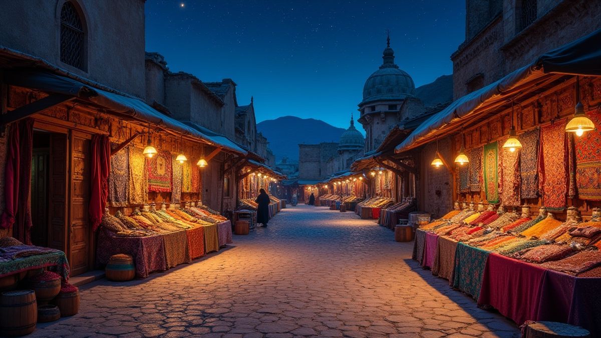 Bazaar árabe lleno de colores y especias bajo un cielo estrellado.