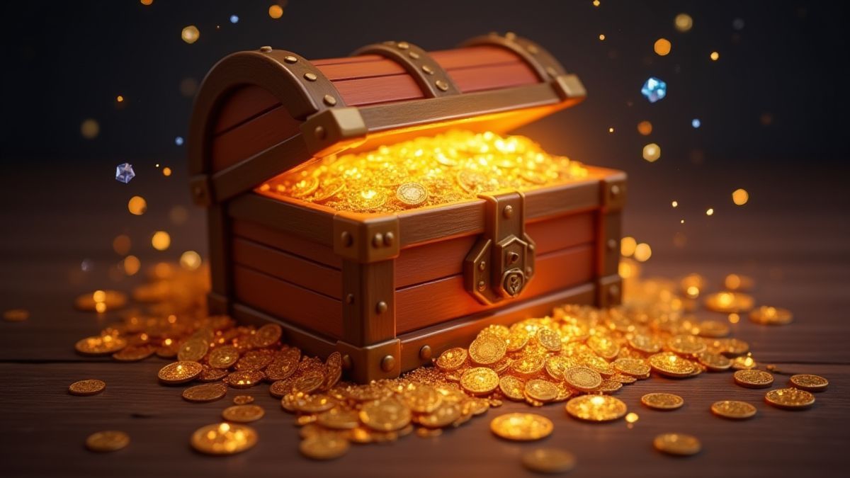 Cofre del tesoro brillante rodeado de monedas de oro y gemas.