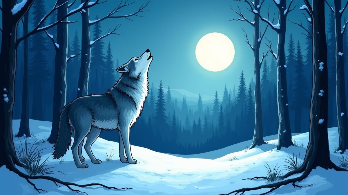Un bosque nevado con un lobo aullando a la luna.