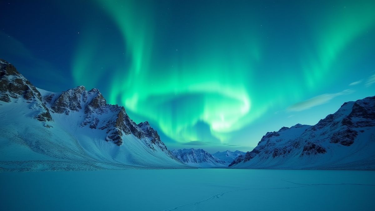 Auroras boreales sobre montañas nevadas.