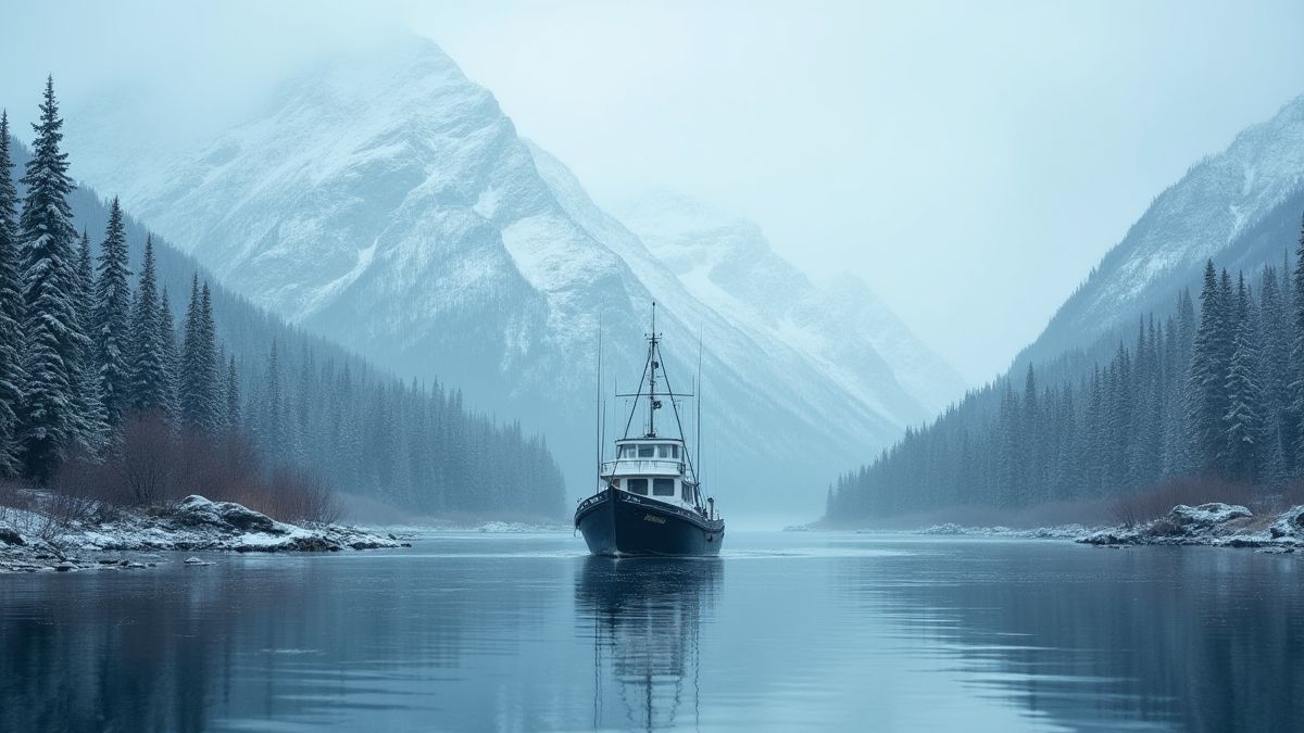 Barco pesquero en un río de Alaska con montañas nevadas.