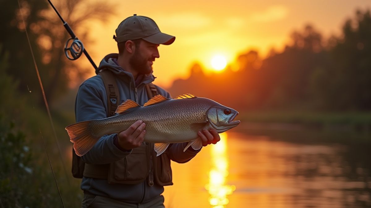 Pescador sosteniendo un pez grande junto a un río al atardecer.