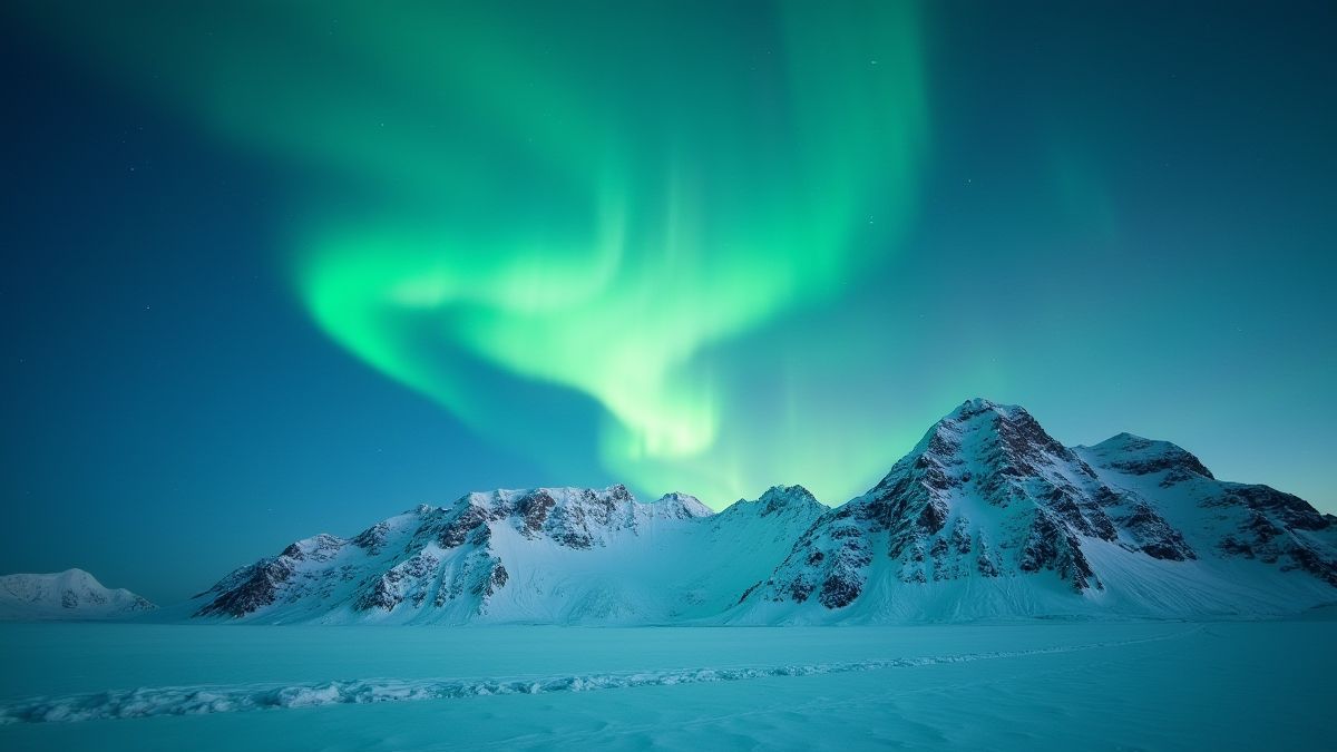 Aurora boreal über gefrorenen Bergen in Alaska.