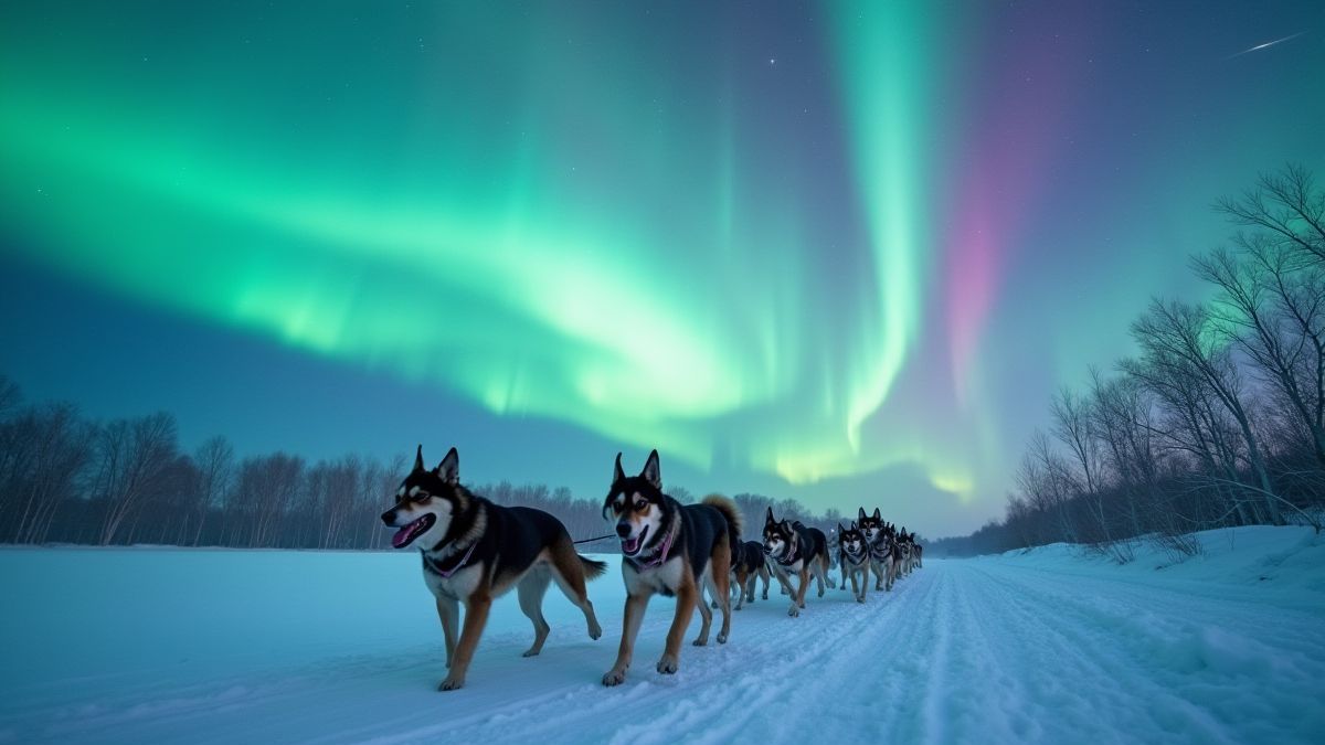 Schlittenhundeteam, das unter einer bunten Aurora borealis läuft.