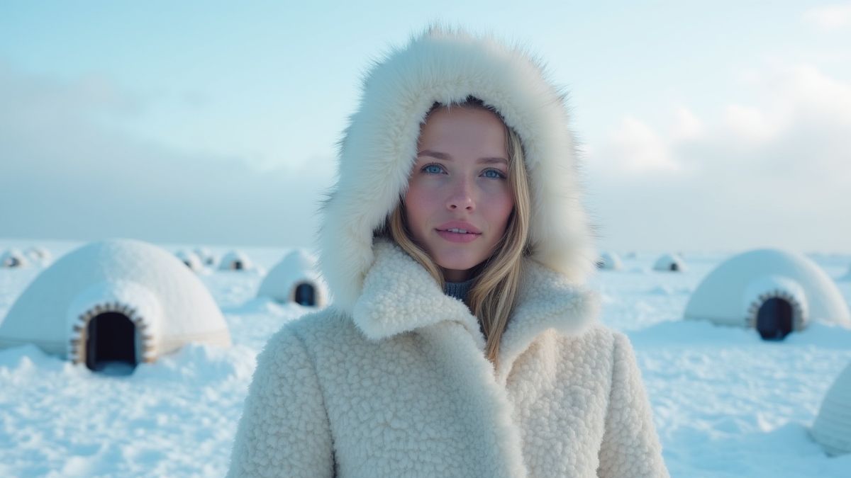 Mujer esquimal rodeada de nieve e iglús en un paisaje de Alaska.