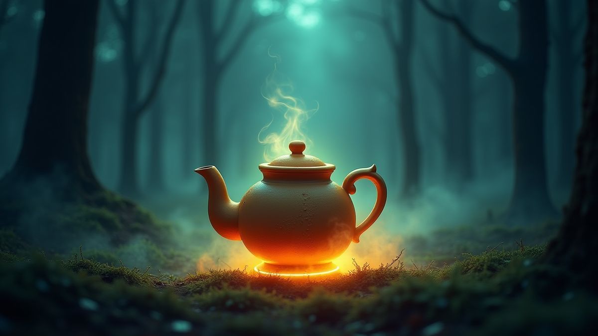 Een gloeiende theepot in een donkere bos met mist.