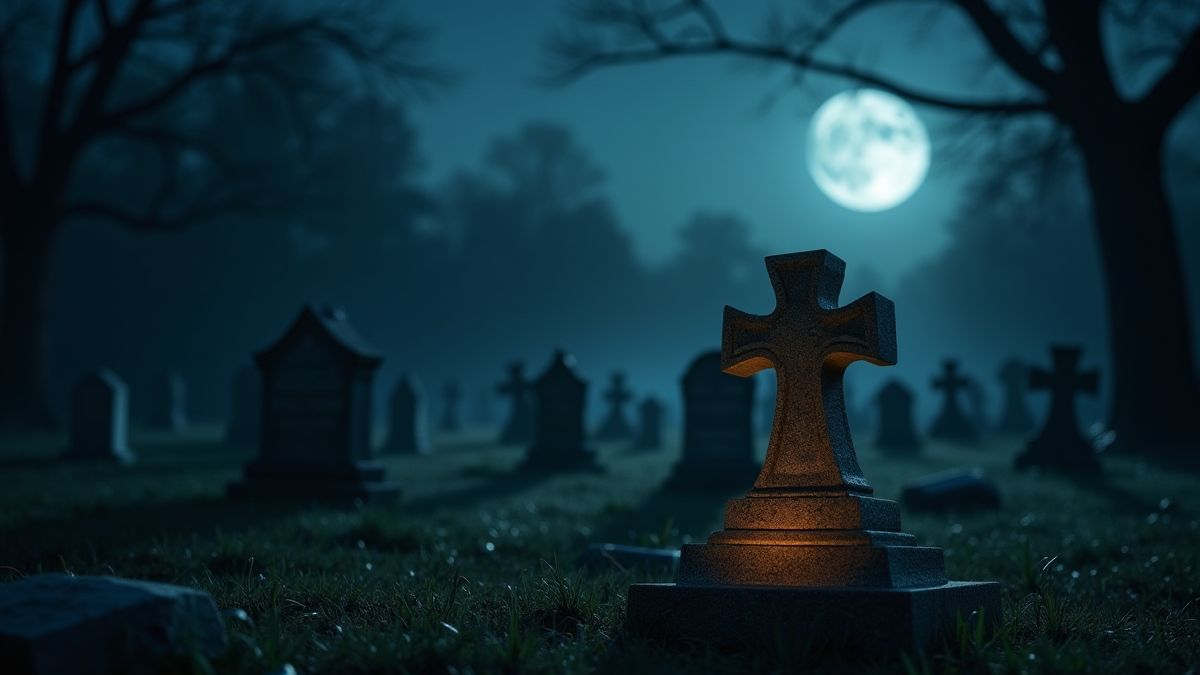 Gloeiende grafsteen in een donkere begraafplaats onder het maanlicht.