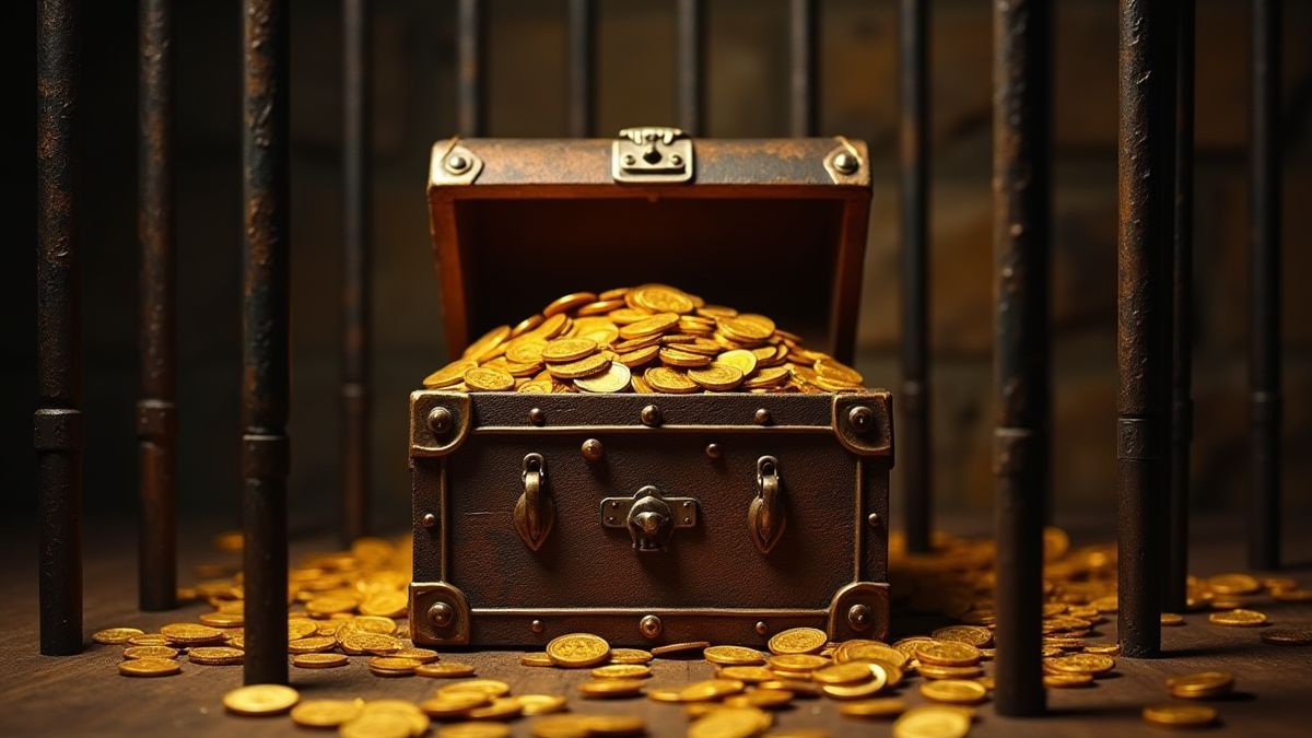 Cofre del tesoro lleno de monedas detrás de barras de prisión.