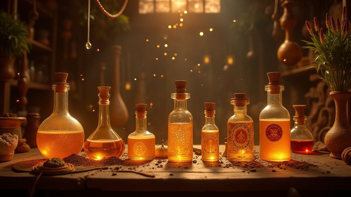 Poções douradas e símbolos místicos em um ateliê mágico.