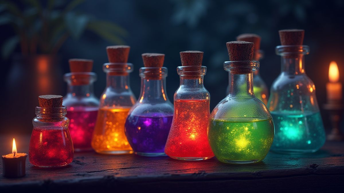 Pociones mágicas en frascos de vidrio.