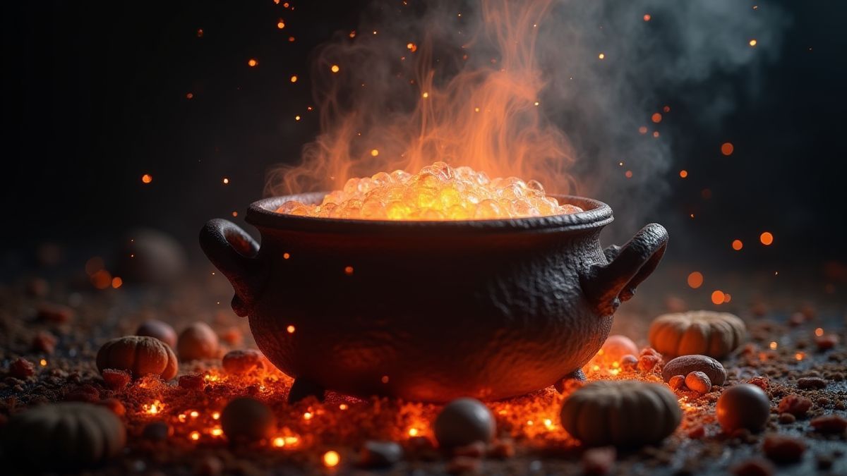 Caldero burbujeante rodeado de ingredientes mágicos.