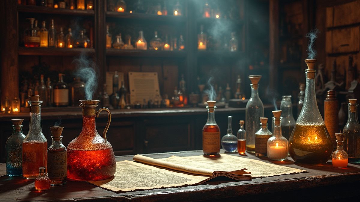 Laboratorio medieval con pociones burbujeantes y pergaminos antiguos