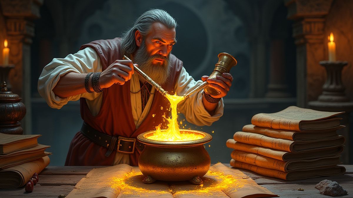 Ein mittelalterlicher Alchemist, der leuchtende Flüssigkeiten in einen goldenen Kessel gießt, umgeben von alten Schriftrollen.