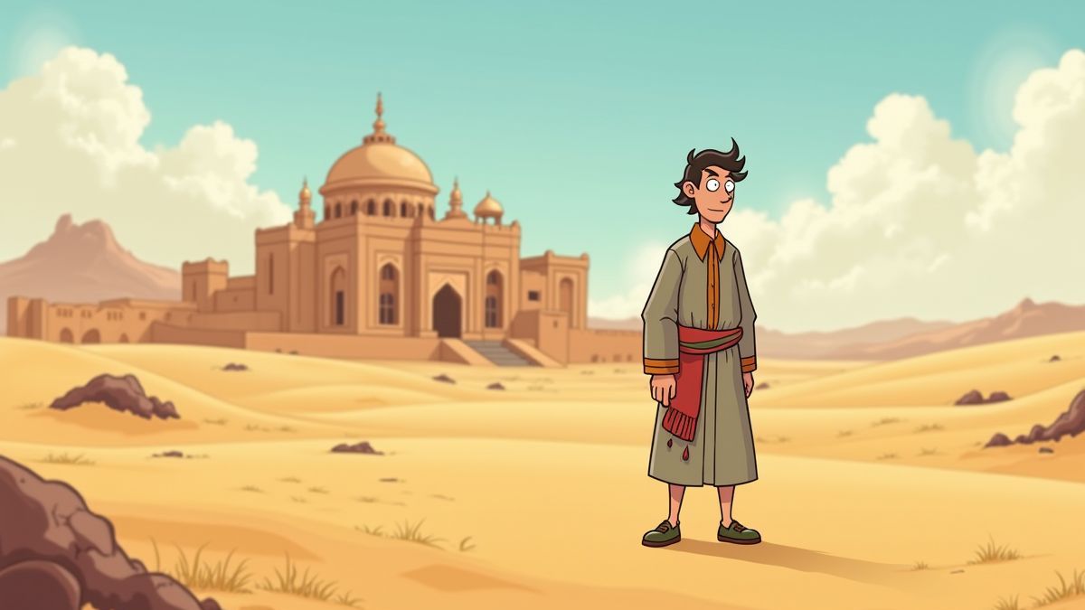 Aldo dans un paysage désertique avec une architecture persane.