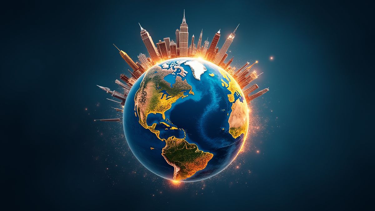 Un globe terrestre tournant avec des effets brillants et des lieux emblématiques.