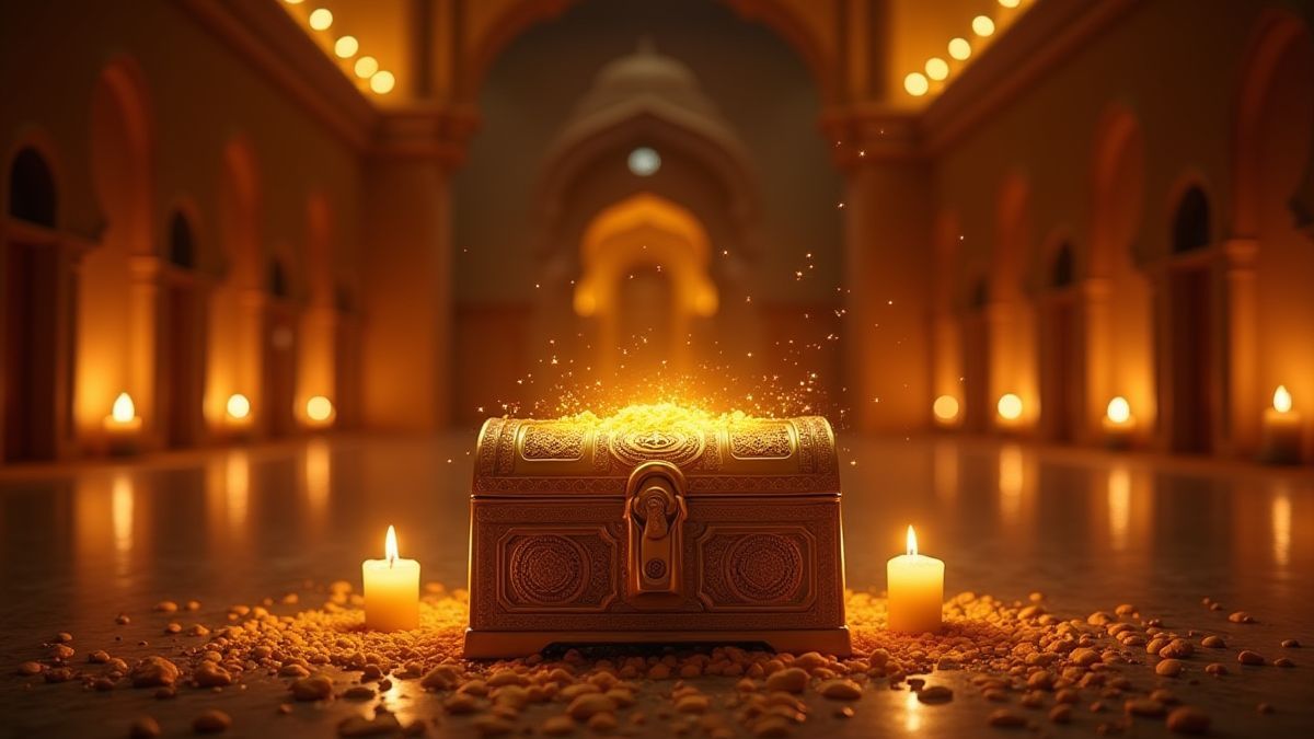 Ein goldener Schatztruhe in einem arabischen Palast, beleuchtet von Kerzen.