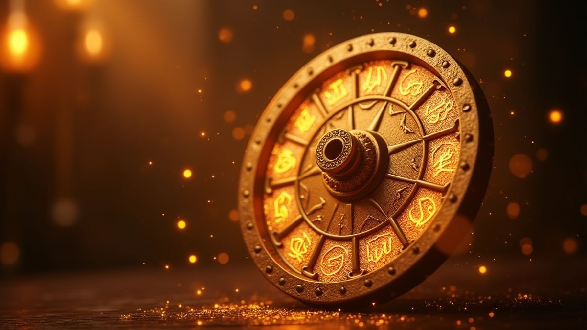 Ein drehendes goldenes Rad mit leuchtenden arabischen Symbolen in einer mystischen Umgebung.