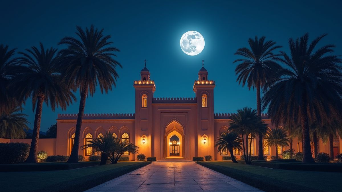 Palacio árabe bajo la luz de la luna, rodeado de palmeras.