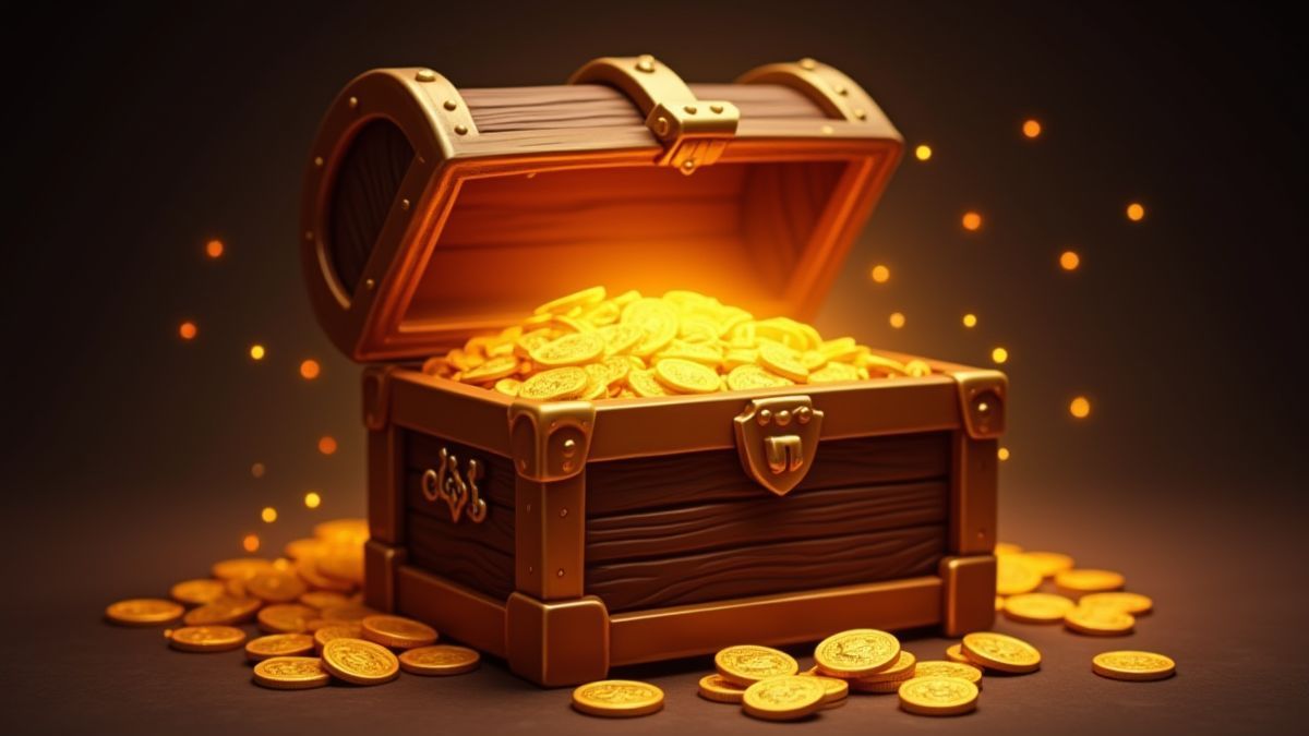 Cofre del tesoro brillante rodeado de monedas de oro y rubíes.