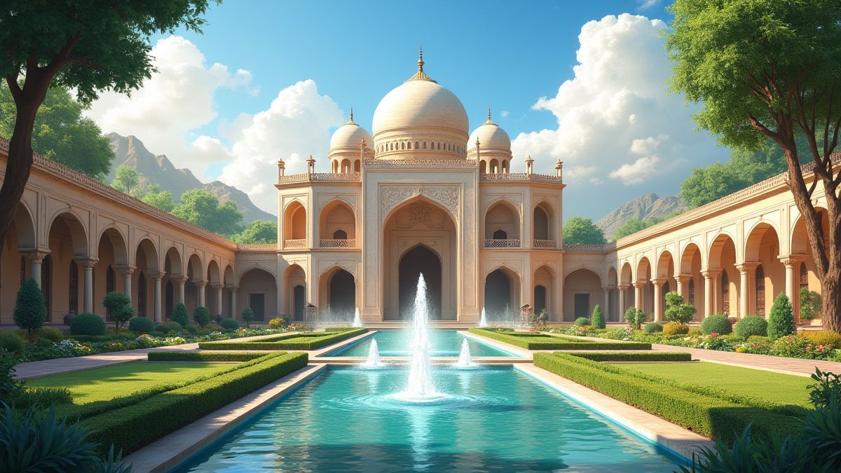 Perzisch paleis omringd door tuinen en fontein.