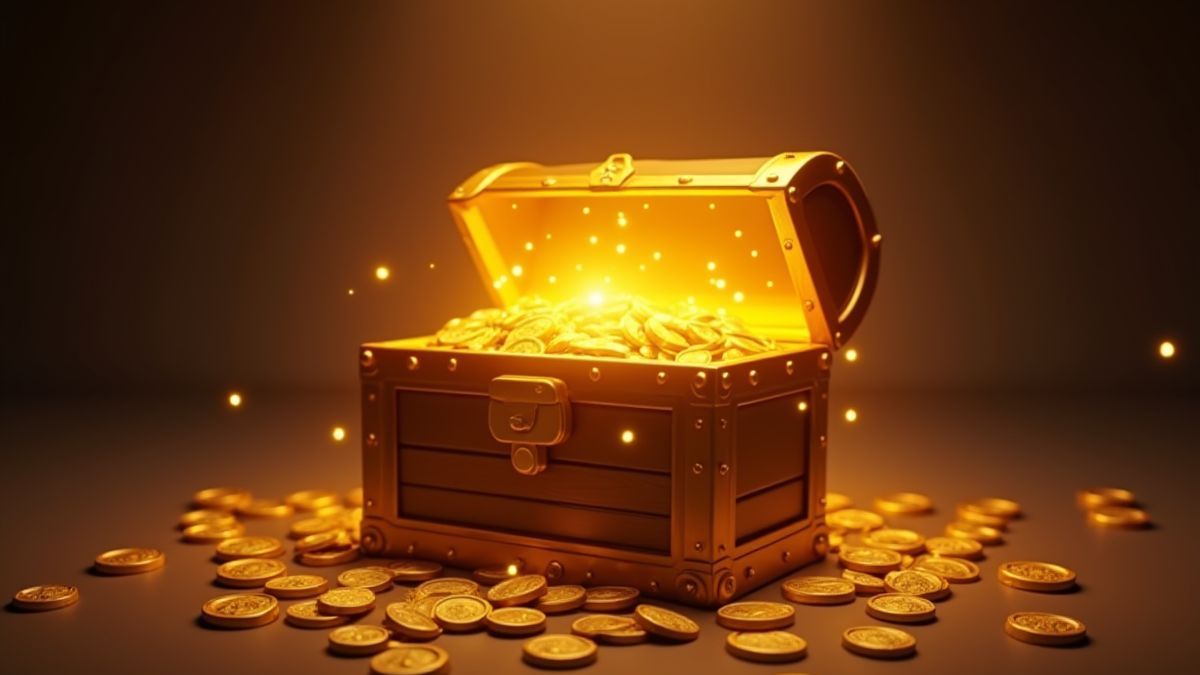 Gouden schatkist omringd door glinsterende munten.