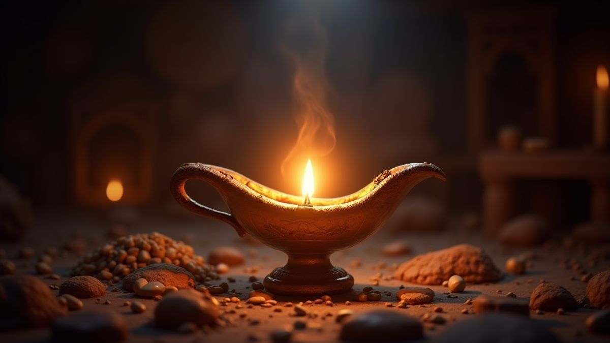 Magische Arabische lamp die straalt in een kamer vol schatten.