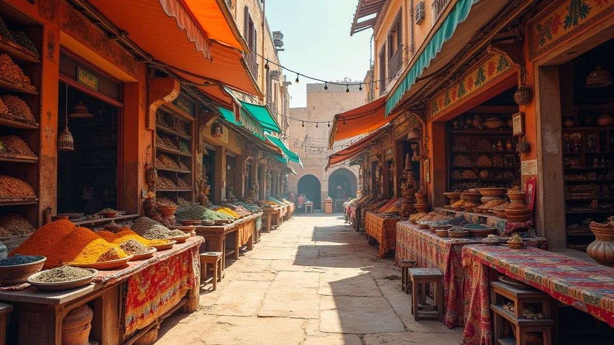 Colorful Arabian market filled with spices and treasures.