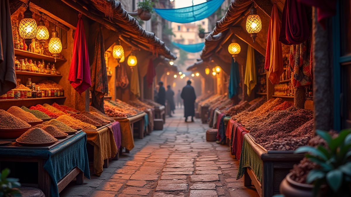 Een Arabische bazaar vol kleurrijke stoffen, specerijen en lantaarns.