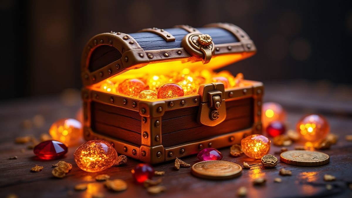 Een glanzende schatkist omringd door fonkelende juwelen en gouden munten.